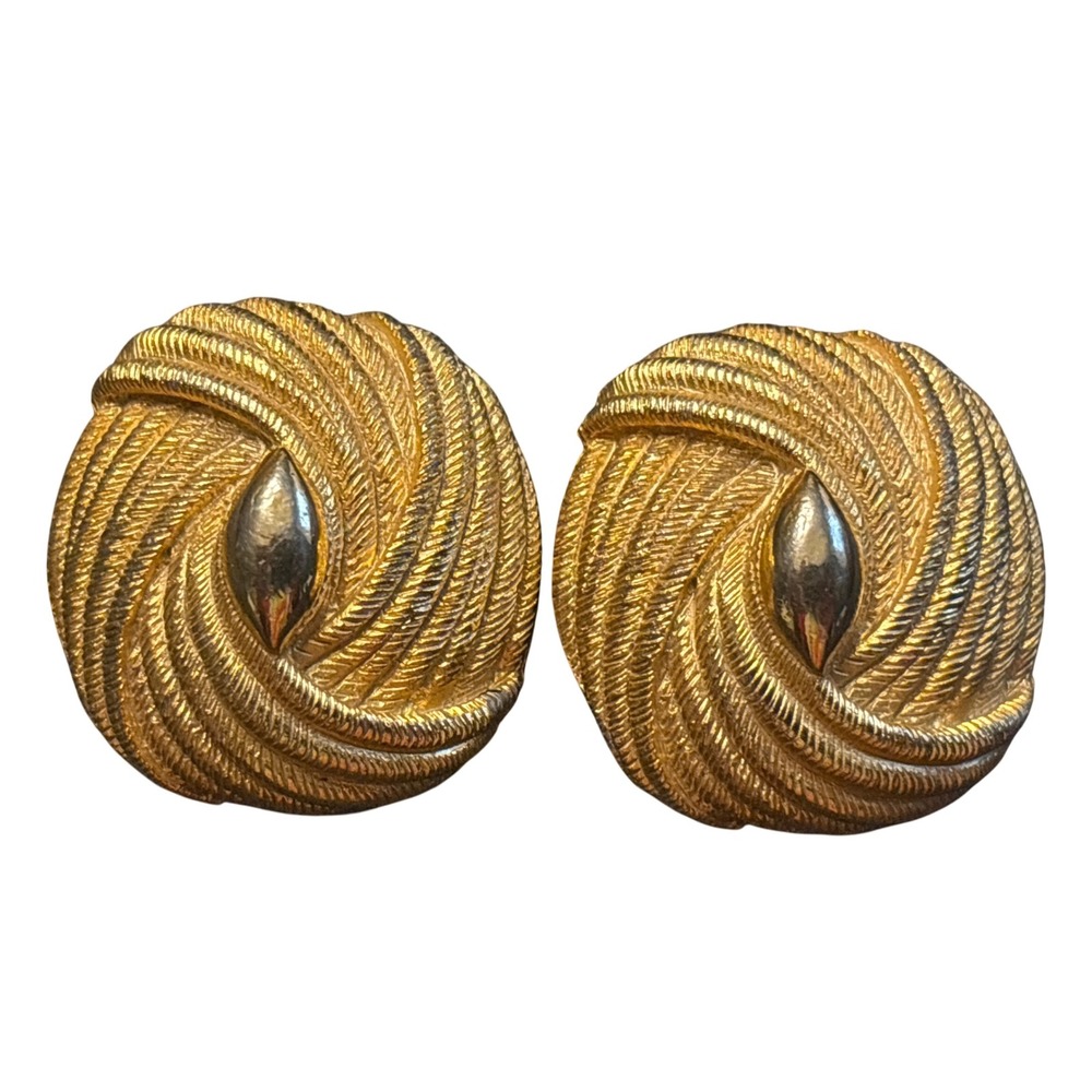 VTG Gold Tone‎ Twisted Rope Design Button Clip On Earrings Statement Jewelry